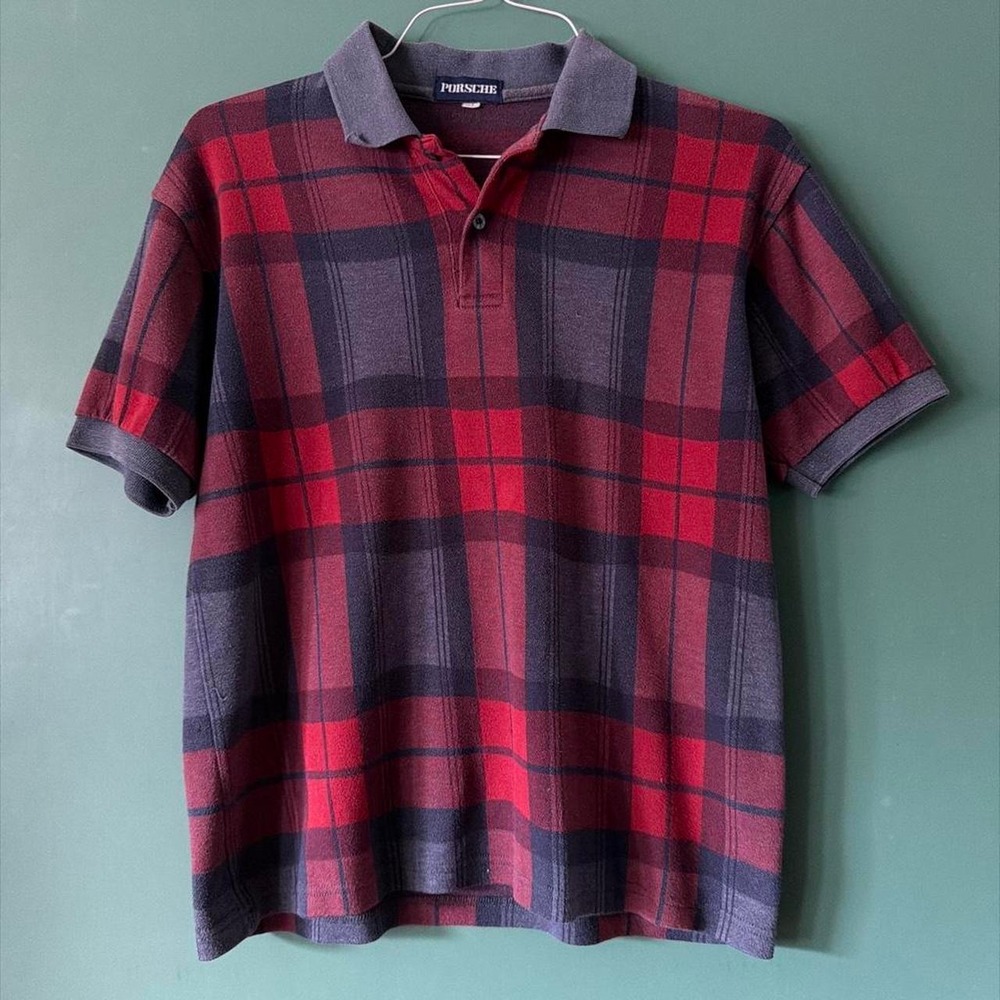 Vintage Porsche Mens Plaid Short Sleeve Polo Shirt Red Tartan 90s Medium